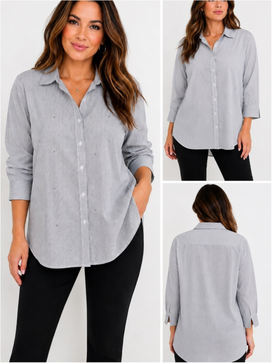 Tia Designs Tops - Vintage Tia Designs Gray & White Pinstripe Rhinestone Button Up Size Large/XL
